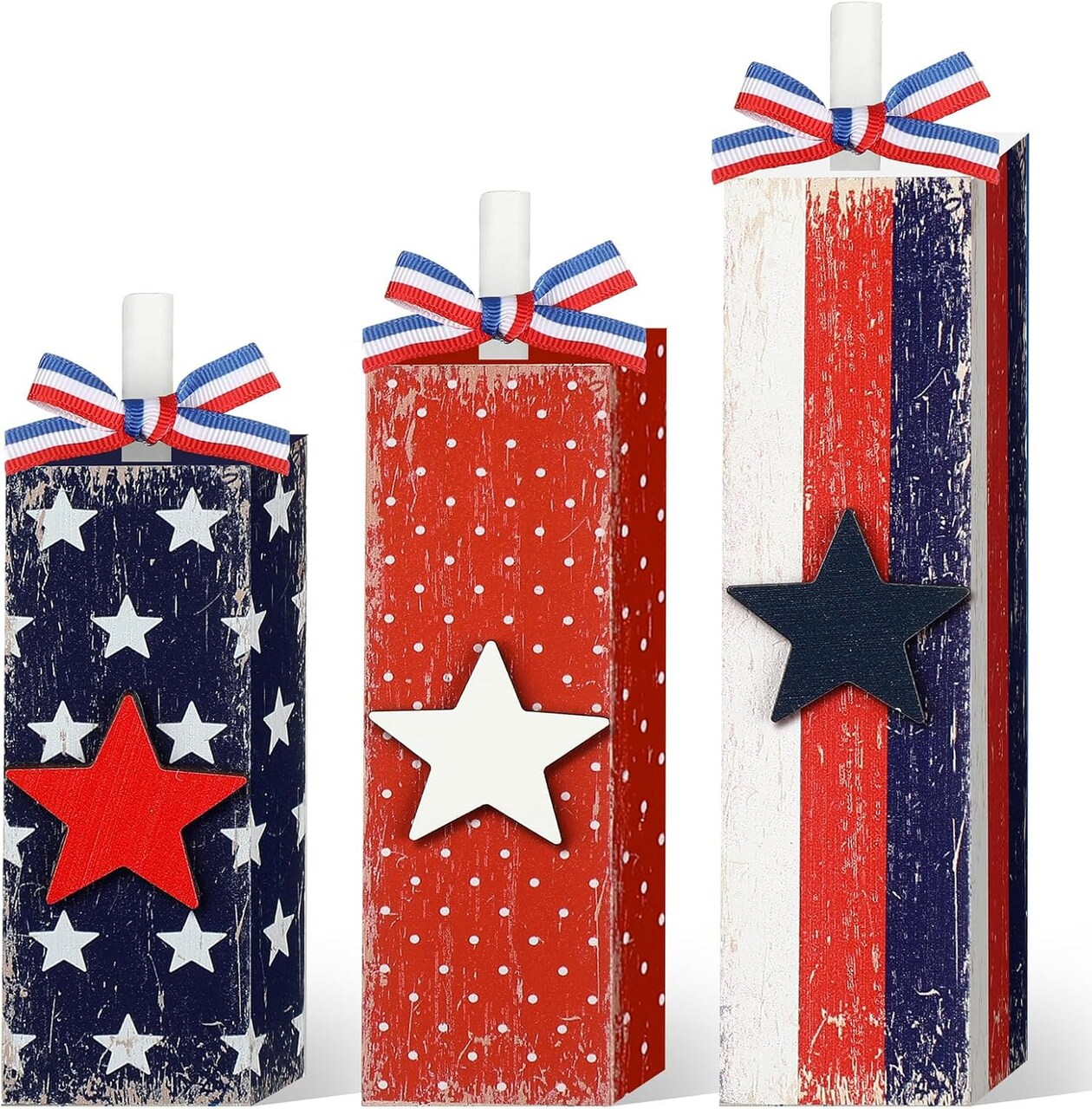 4th of July Tiered Tray Decorations, 3 Pcs Patriotic Wooden Block Set – Red White & Blue Memorial Day, Independence Day, Veterans Day Tabletop Centerpieces for Home & Office